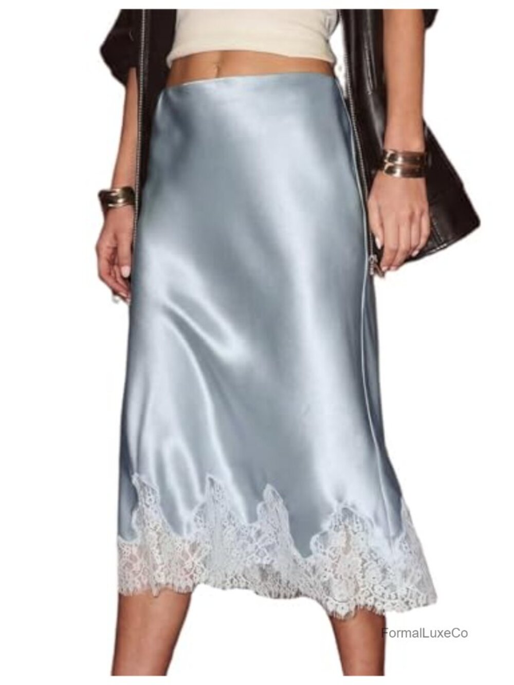 Satin Midi Skirt with Lace Trim Flowy A-Line Elastic Waist